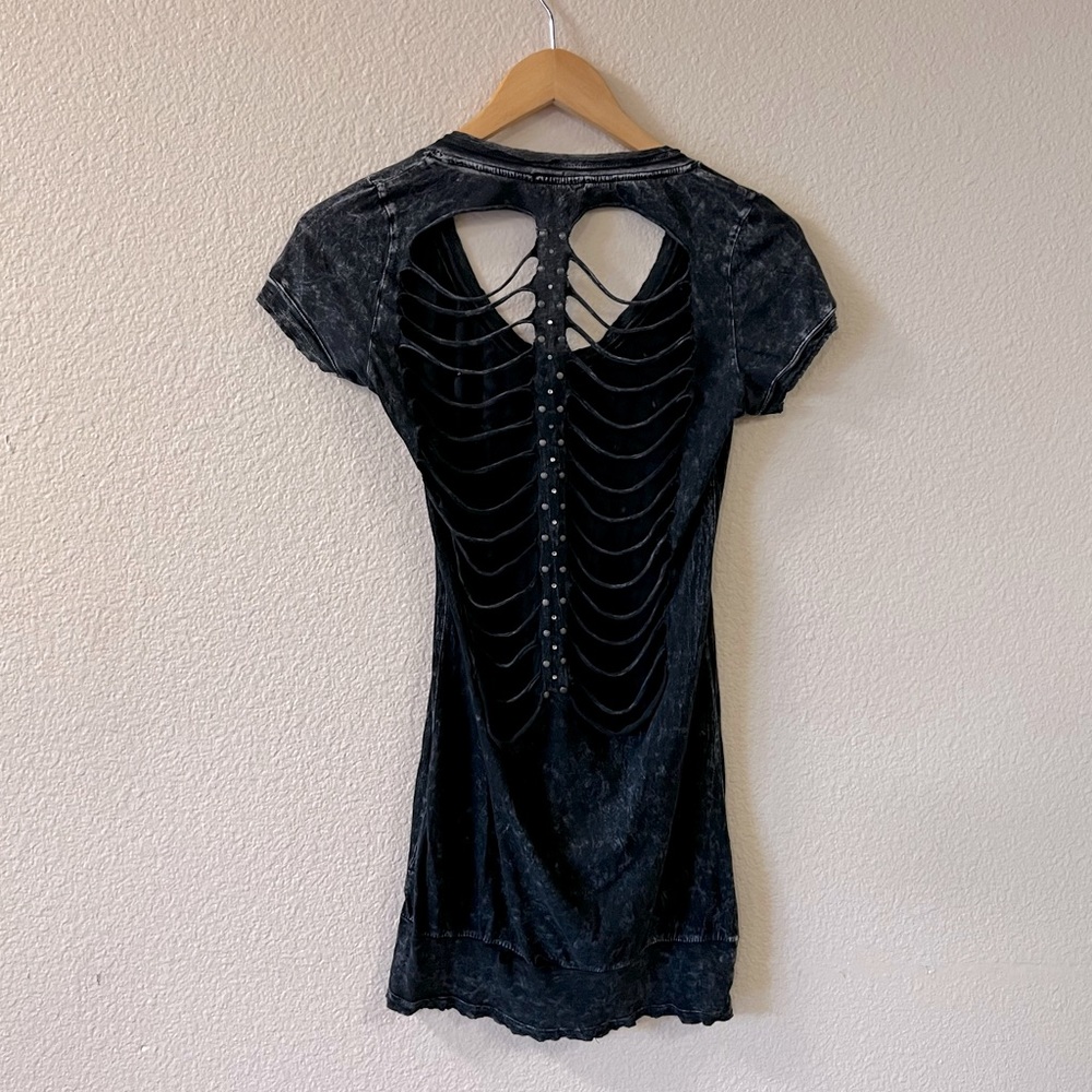 Gray studded torn up T shirt/mini dress , side M